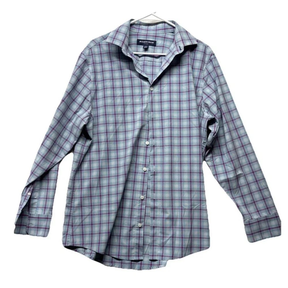 Mizzen + Main Leeward Classic No Tuck Men’s Dress Shirt Size Medium Plaid Blue